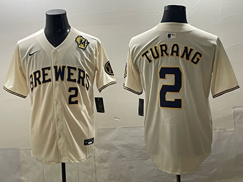 Men 2025 Milwaukee Brewers #2 Turang Cream 2025 Nike MLB Jersey 015